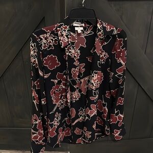 Express Black and Burgundy Floral Portafino Blouse